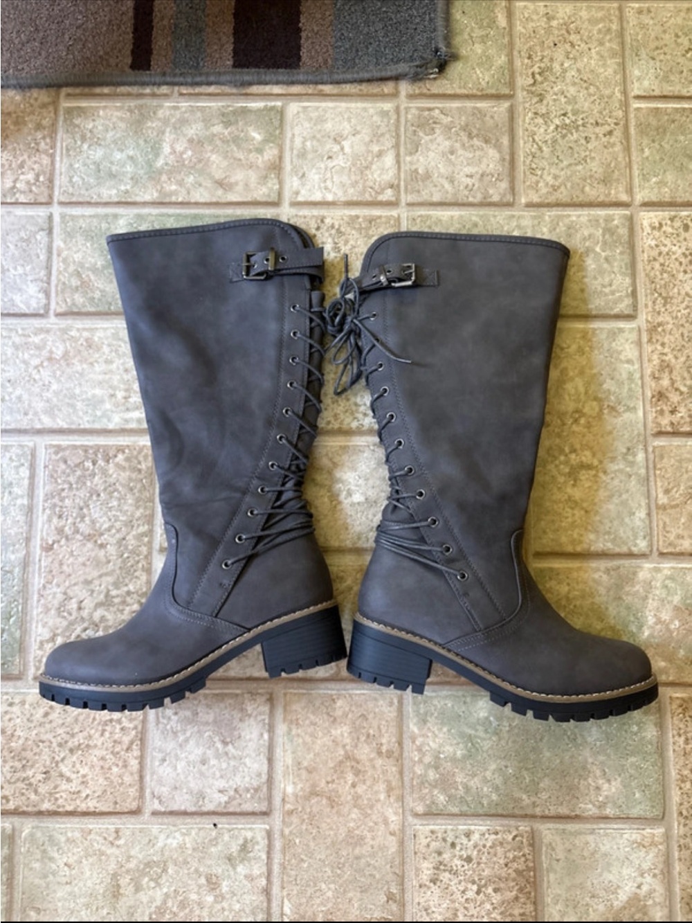 Amazon Women's Knee-High Lace-Up Buckle Boots in Gray